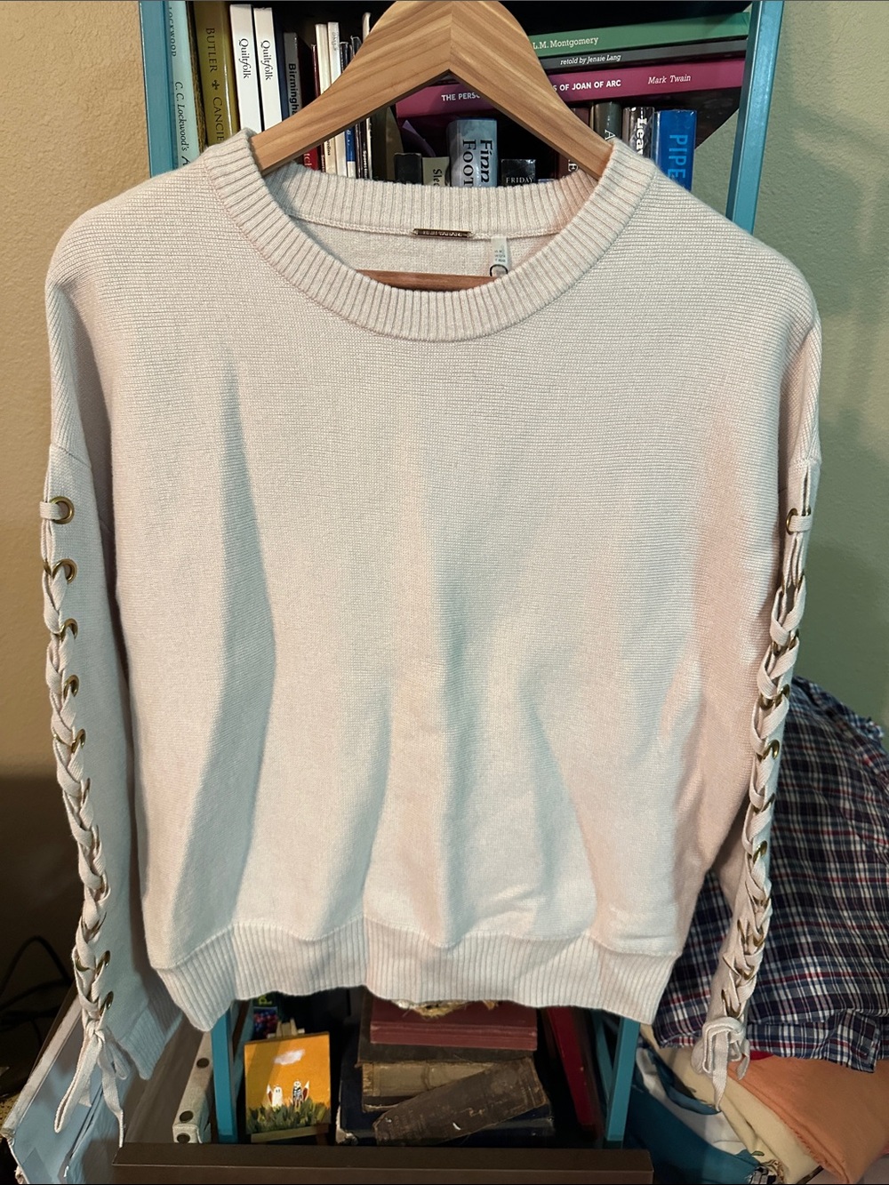 Elie Tahari Chalk Lace-Up Sleeve Crewneck Sweater